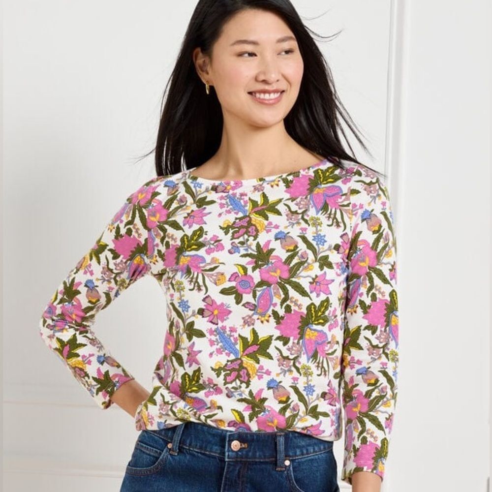 Talbots Cotton Pink Floral Top 1X Plus Size Botanical Bateau Neck 3/4 Sleeve Tee